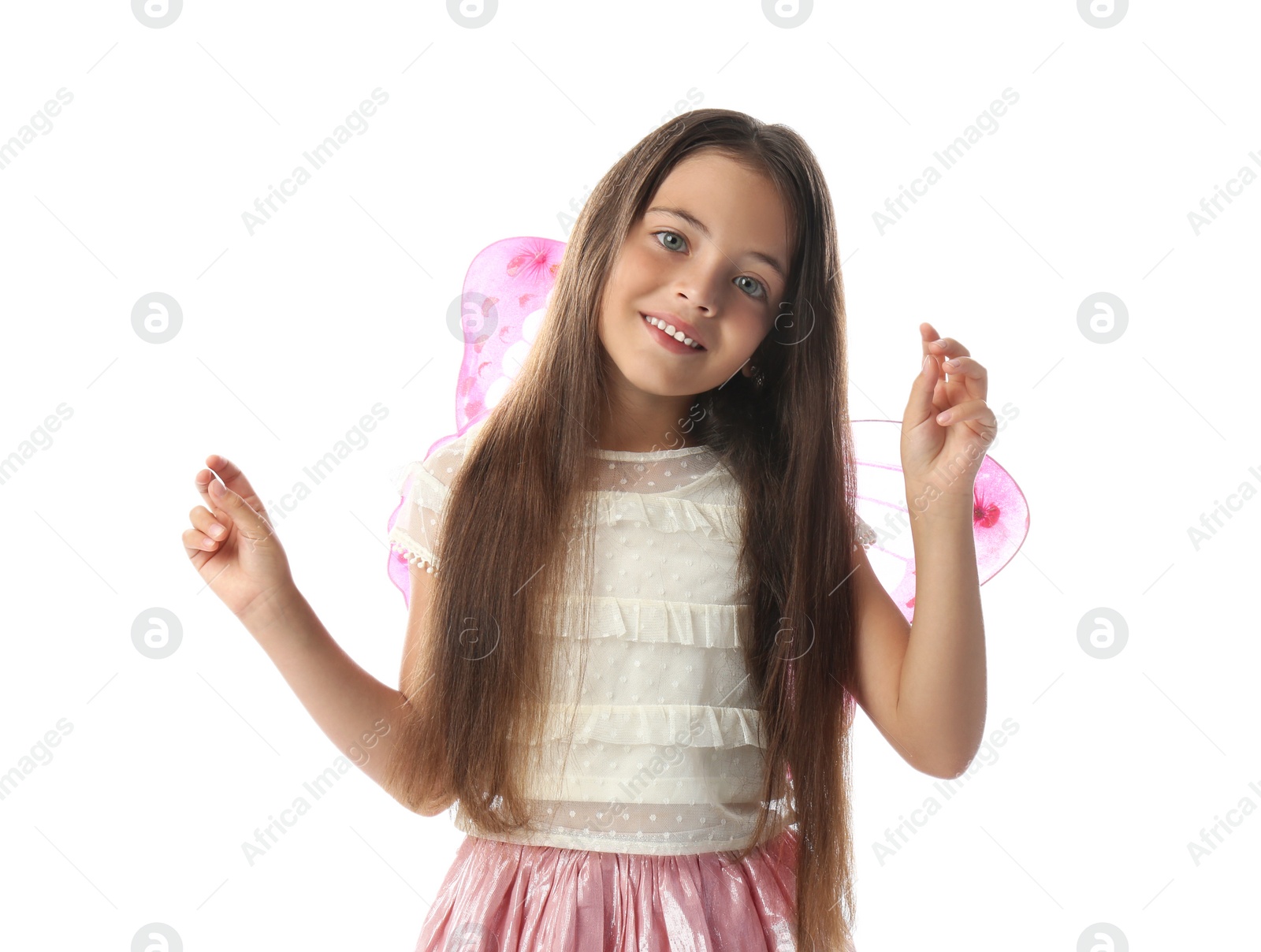 Photo of Cute little girl in fairy costume with pink wings on white background