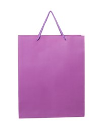 Photo of One purple shopping bag isolated on white