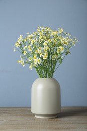 Vase with beautiful chamomile flowers on wooden table