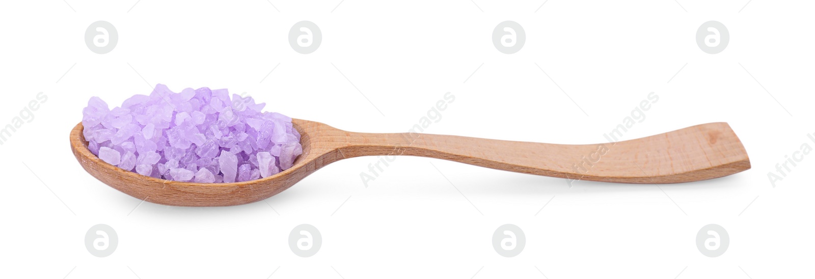 Photo of Wooden spoon with violet sea salt isolated on white