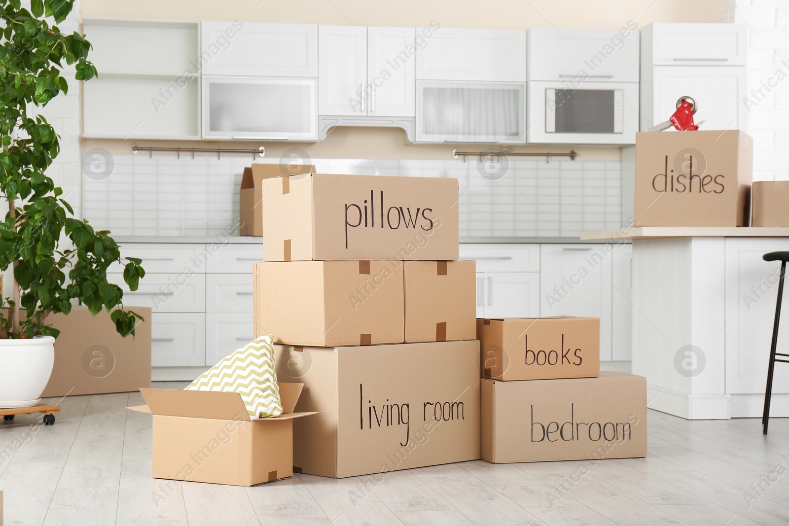 Photo of Many cardboard boxes in kitchen. Moving day