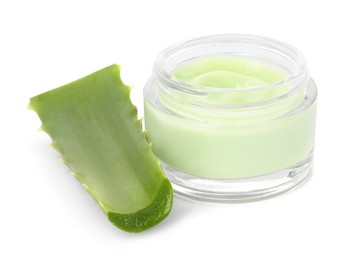 Photo of Jarcosmetic cream and cut aloe leaf isolated on white