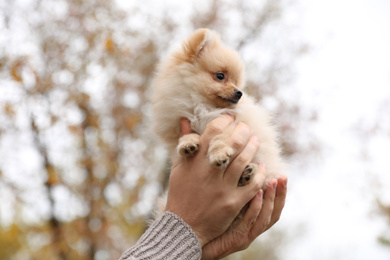 Photo of Man holding small fluffy dog outdoors on autumn day, closeup