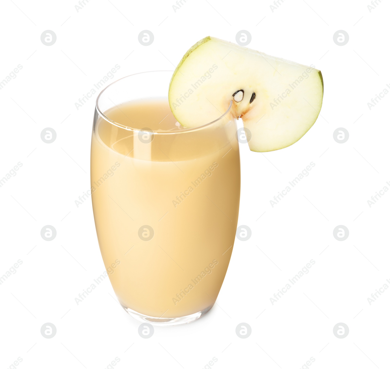 Photo of Tasty pear juice and fruit slice isolated on white