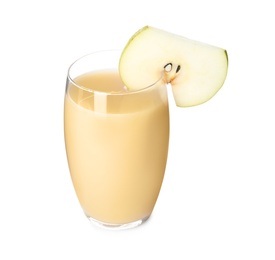 Photo of Tasty pear juice and fruit slice isolated on white