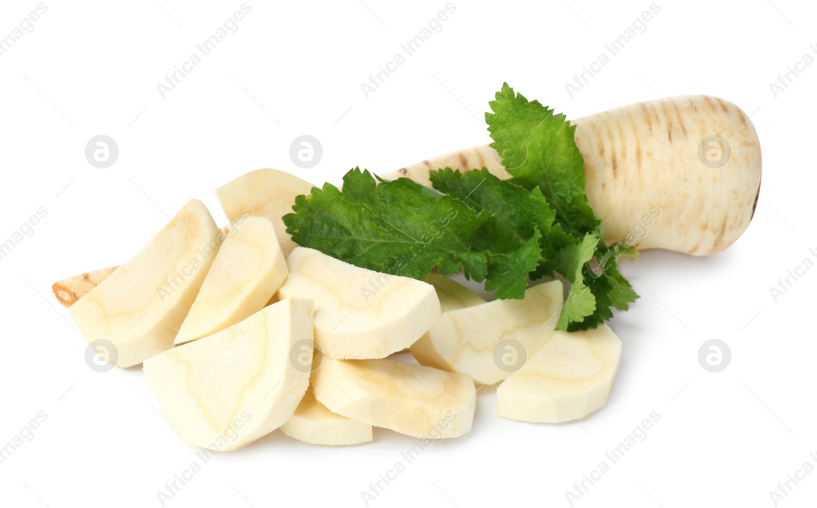 Photo of Tasty fresh ripe parsnips on white background