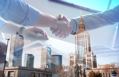 Partnership, cooperation, collaboration. Double exposure of cityscape and people shaking hands