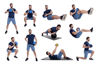 Image of Athletic man doing different exercises with medicine ball on white background, collage