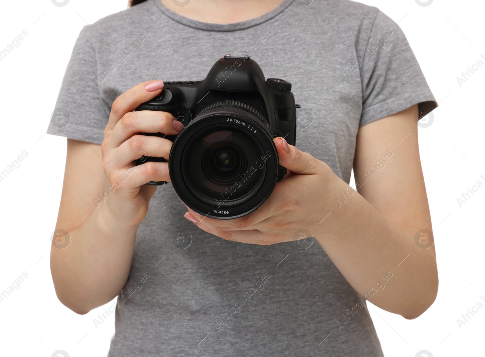 Photo of Photographer with camera on white background, closeup