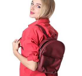 Beautiful woman with stylish backpack isolated on white