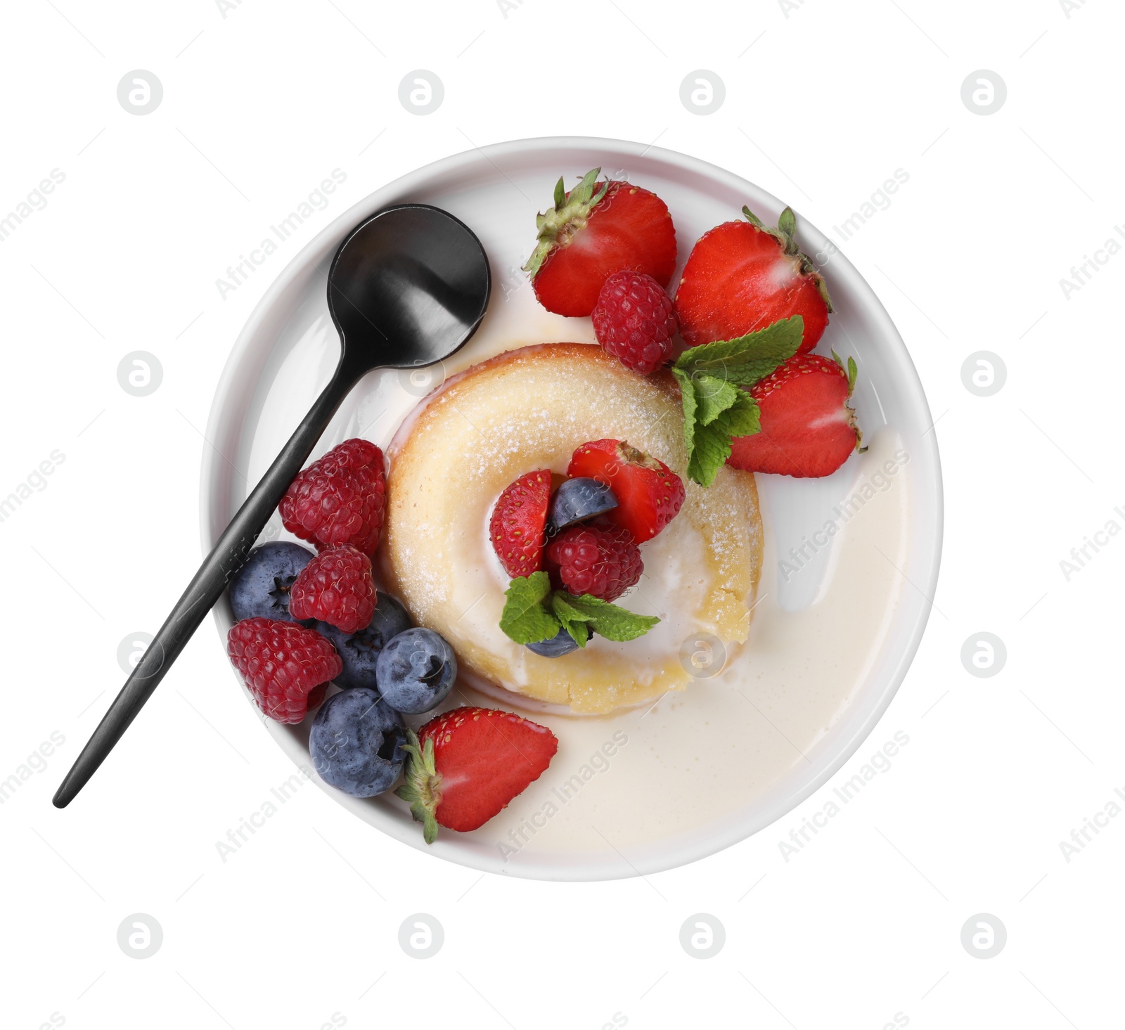 Photo of Delicious vanilla fondant with fresh berries isolated on white, top view