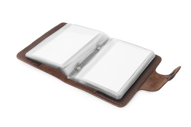 Leather business card holder with blank cards isolated on white