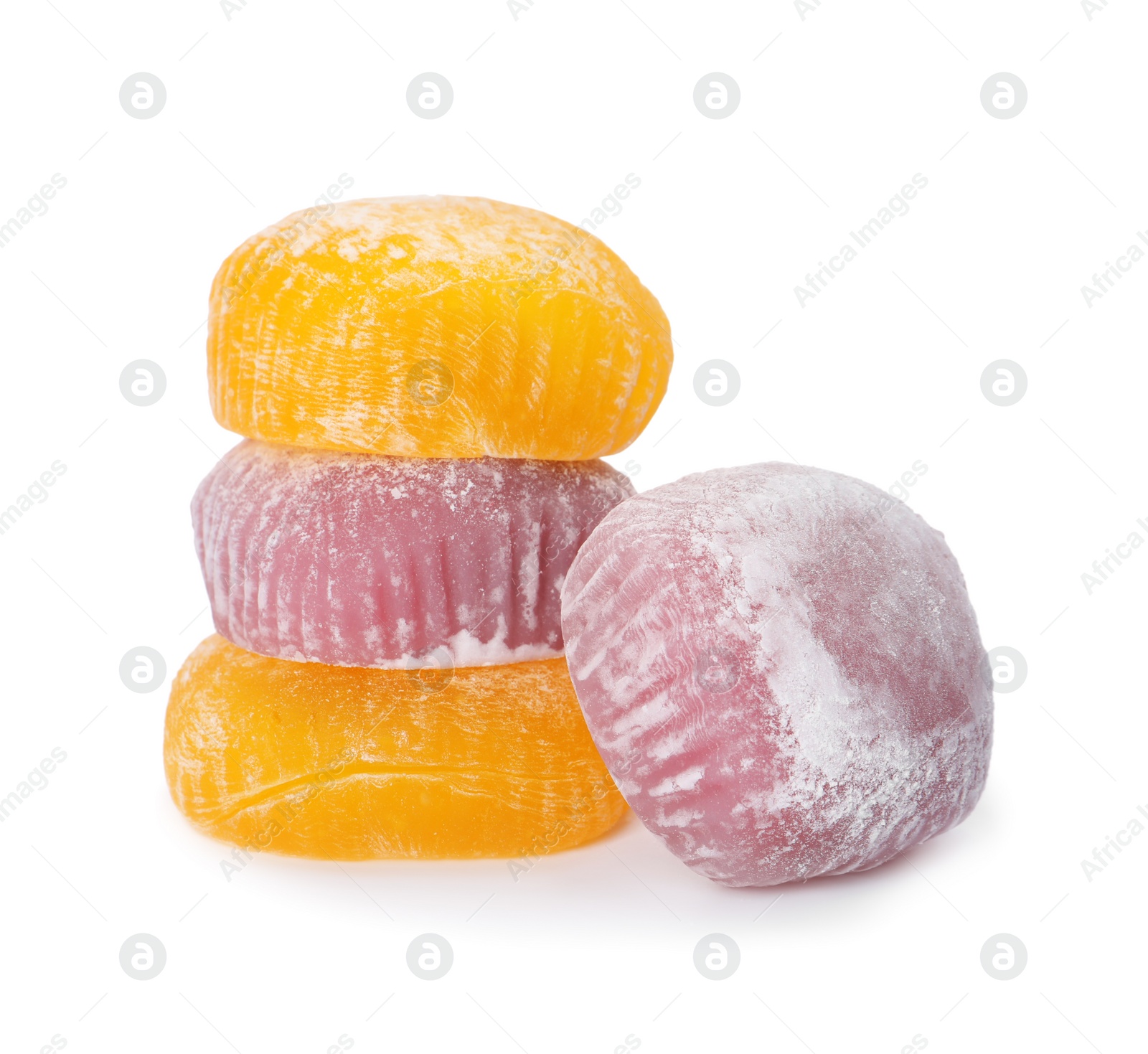 Photo of Different delicious mochi on white background. Traditional Japanese dessert