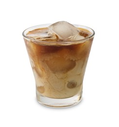 Photo of Iced coffee with milk in glass on white background
