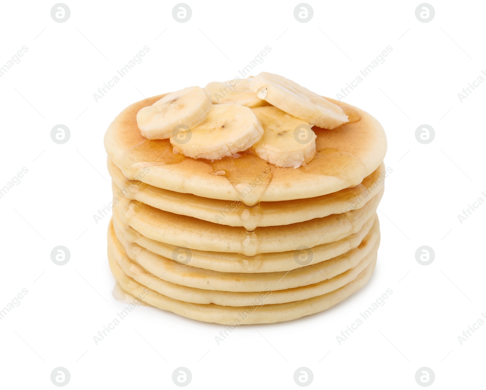 Photo of Delicious pancakes with banana slices and honey isolated on white