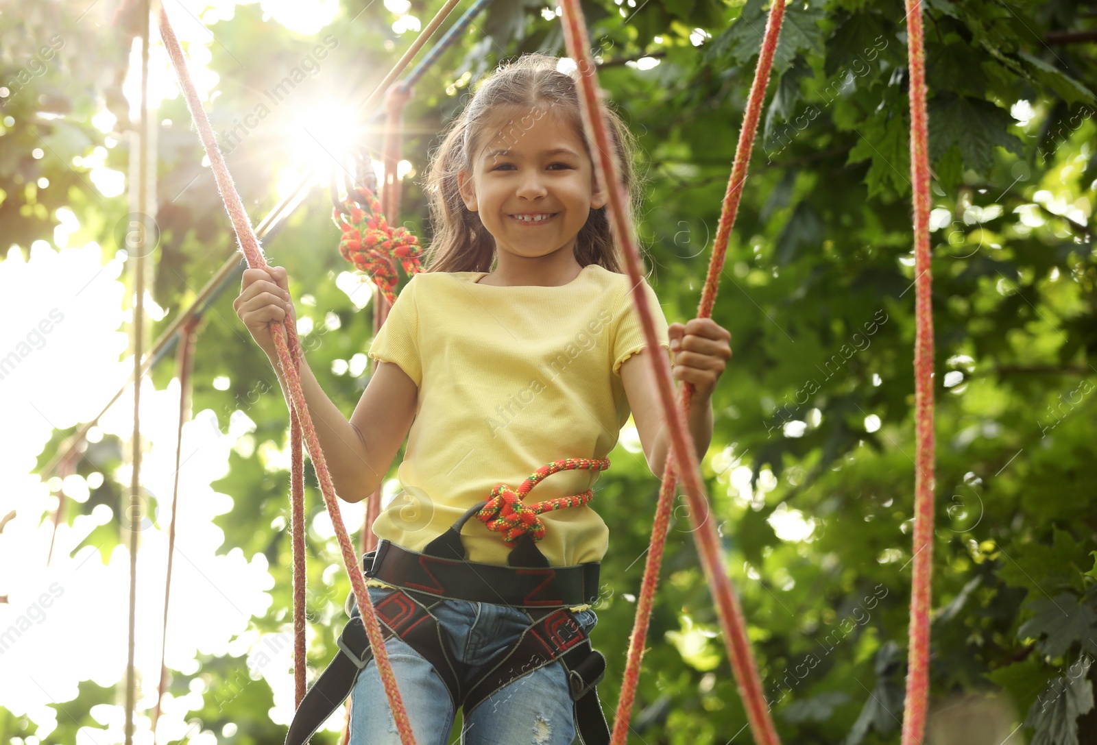 Photo of Little girl climbing in adventure park. Summer camp