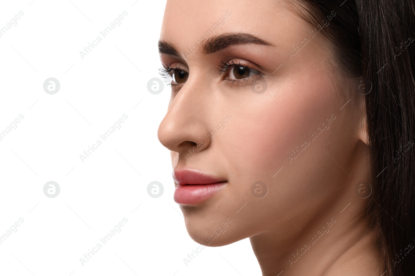 Photo of Beautiful young woman with healthy skin on white background, closeup