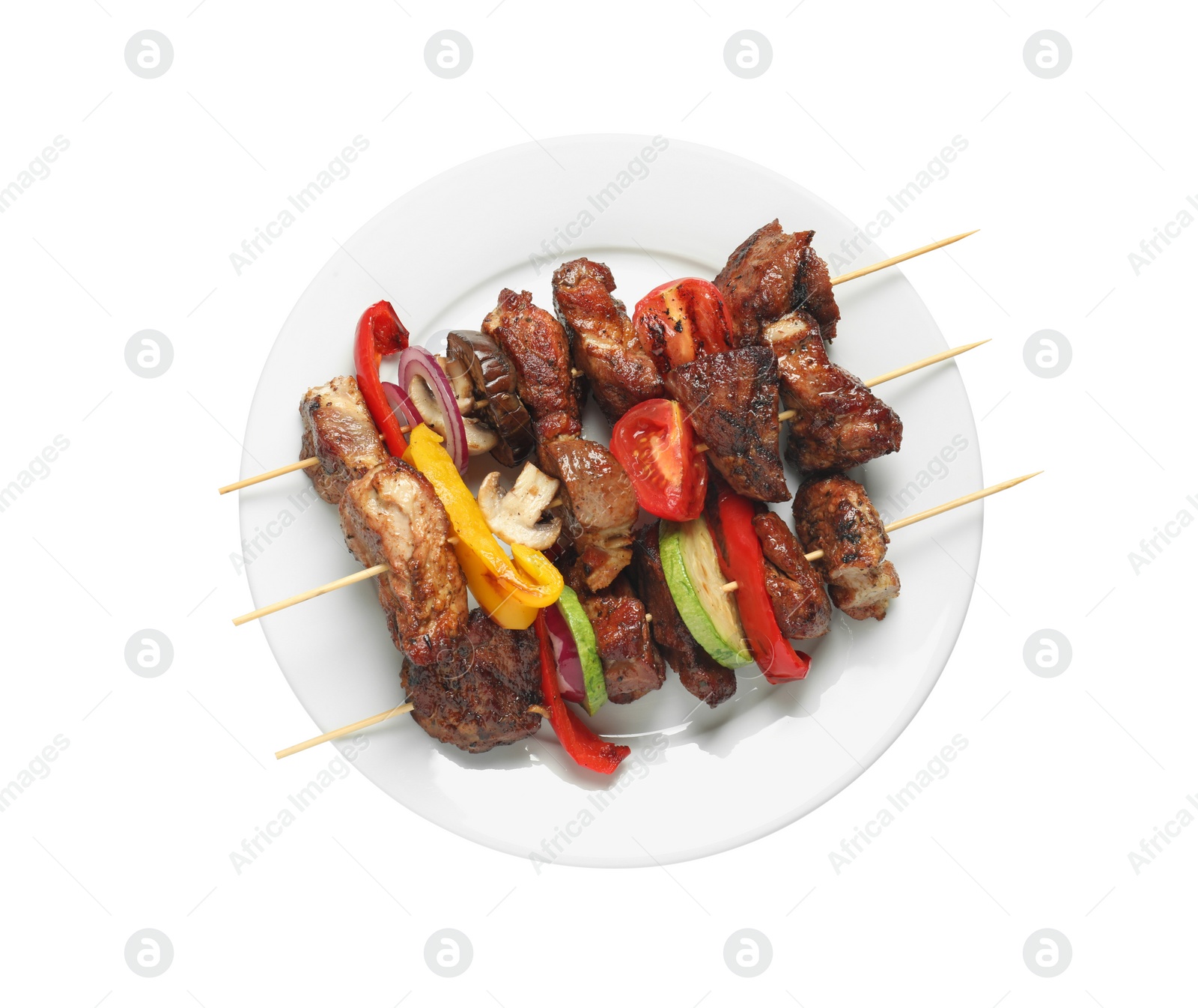 Photo of Delicious shish kebabs with vegetables isolated on white, top view