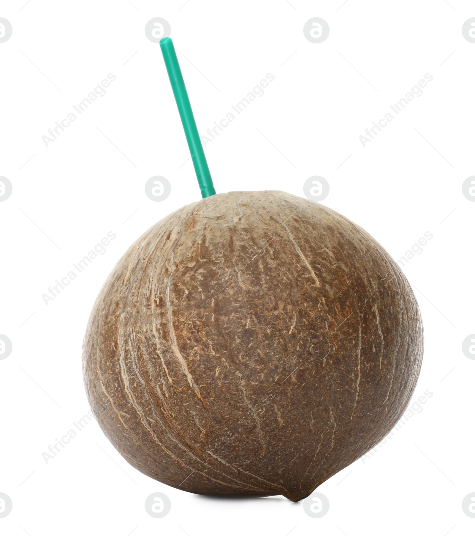 Photo of Brown coconut with straw on white background