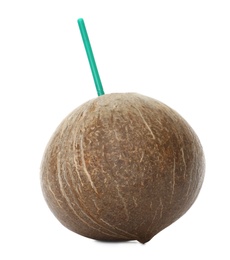 Photo of Brown coconut with straw on white background