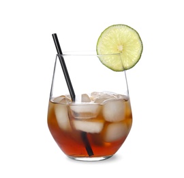 Photo of Glass of cocktail with cola, ice and cut lime on white background