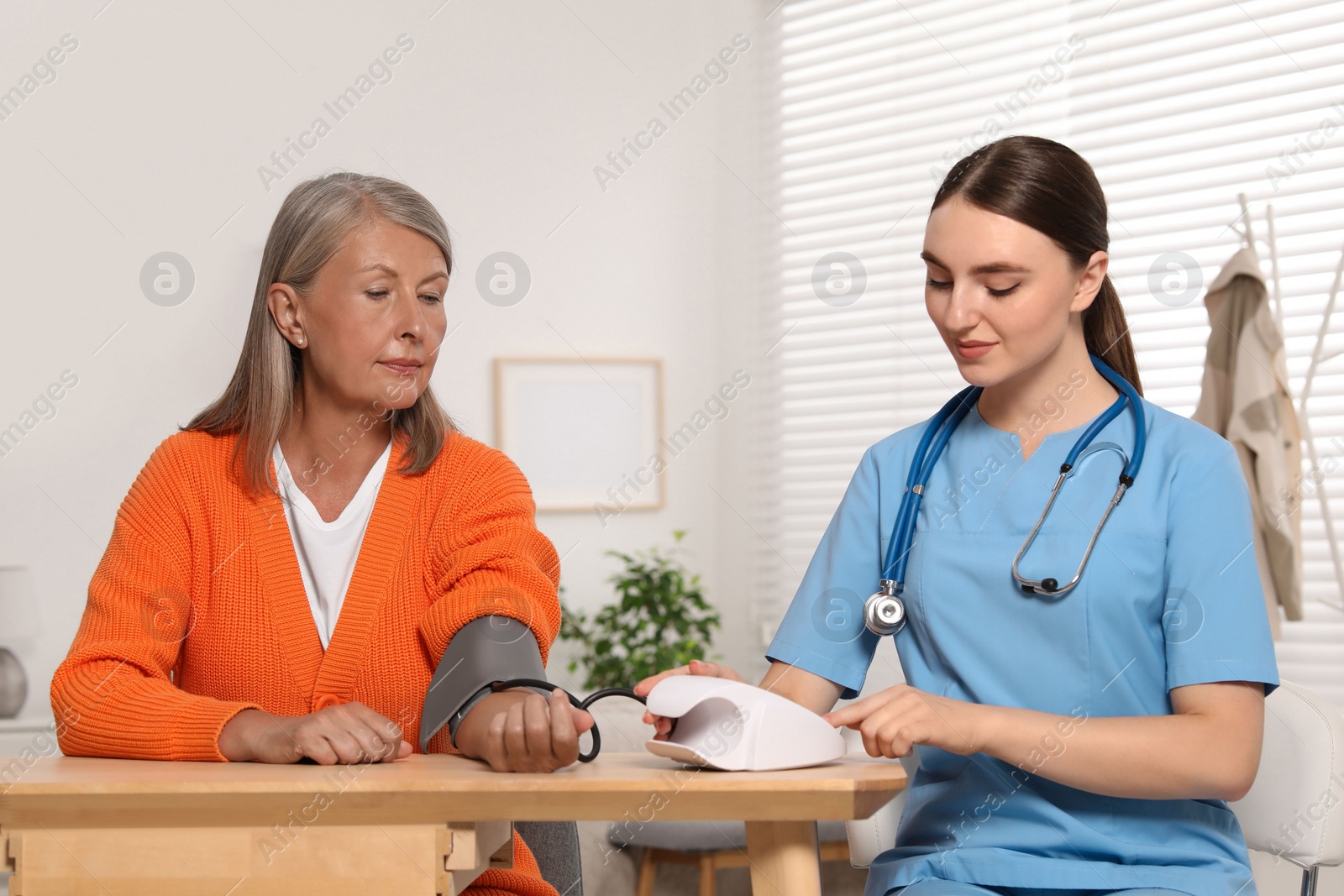 Photo of Young healthcare worker measuring senior woman's blood pressure at wooden table indoors