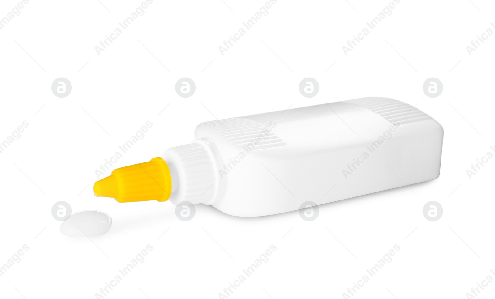 Photo of Blank bottle and drop of glue on white background