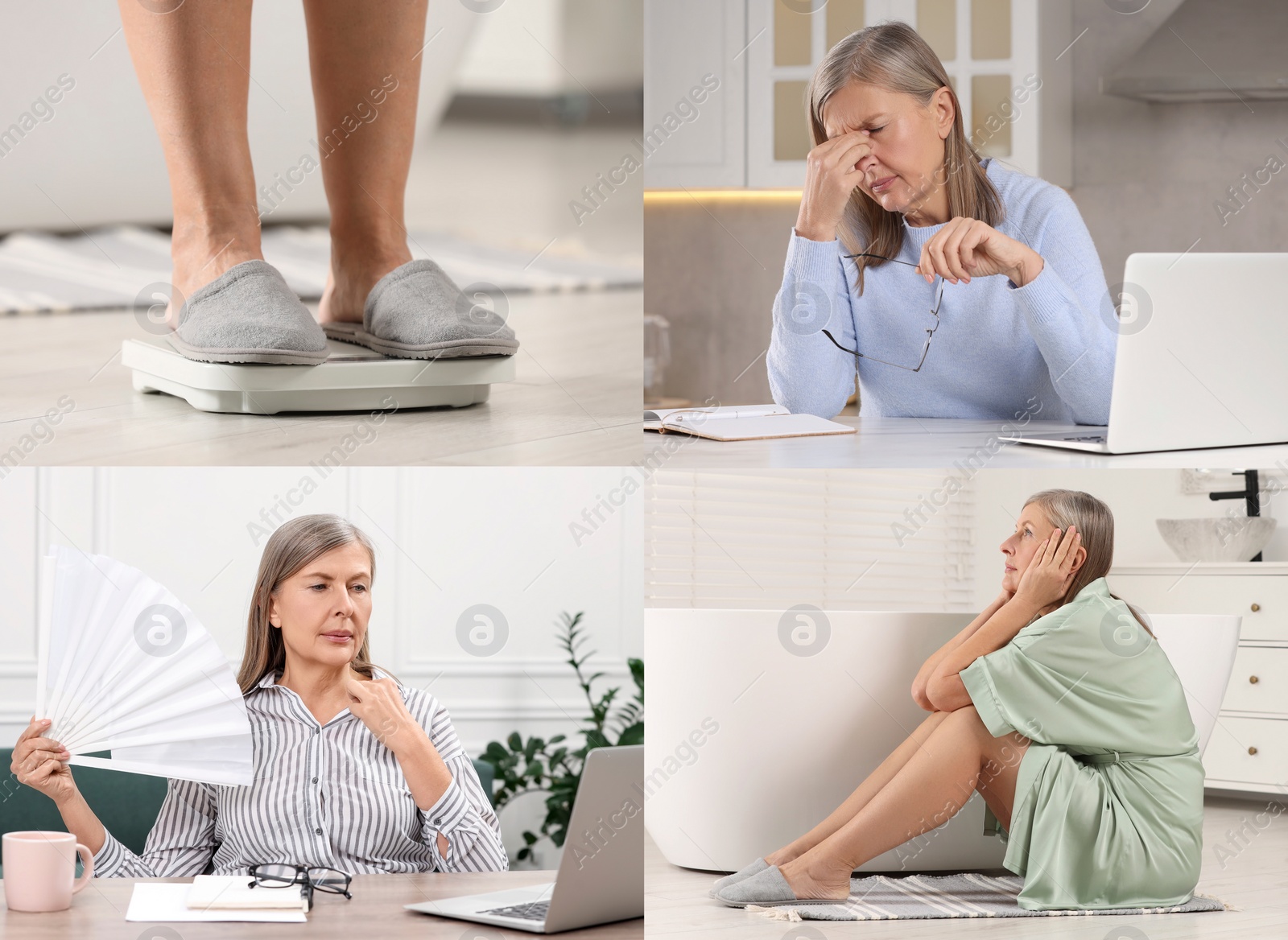 Image of Menopause, collage with photos of woman suffering from different symptoms