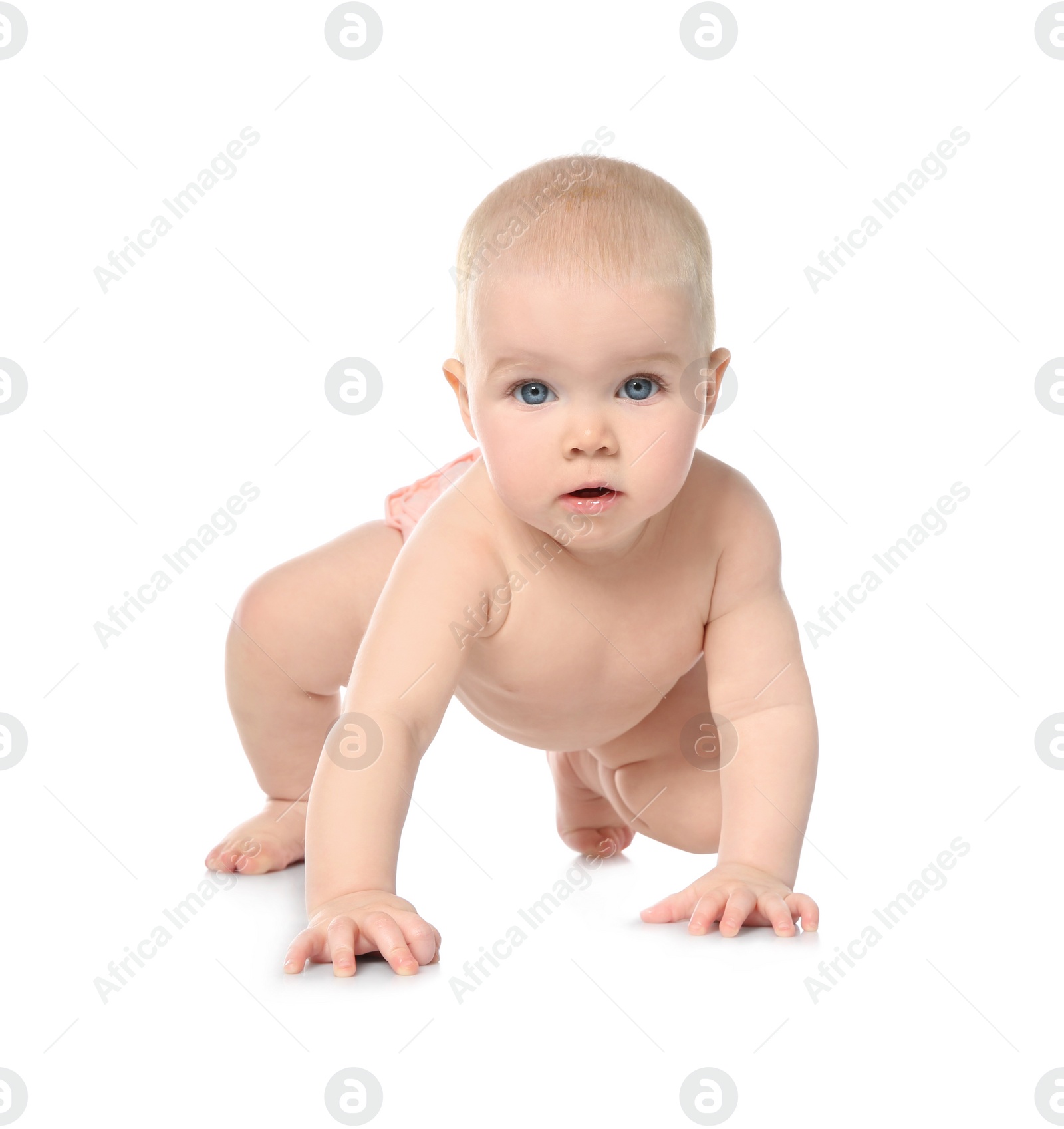 Photo of Cute little baby crawling on white background