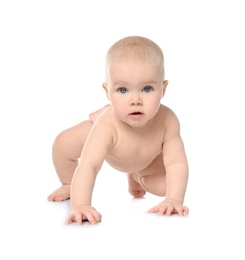 Photo of Cute little baby crawling on white background