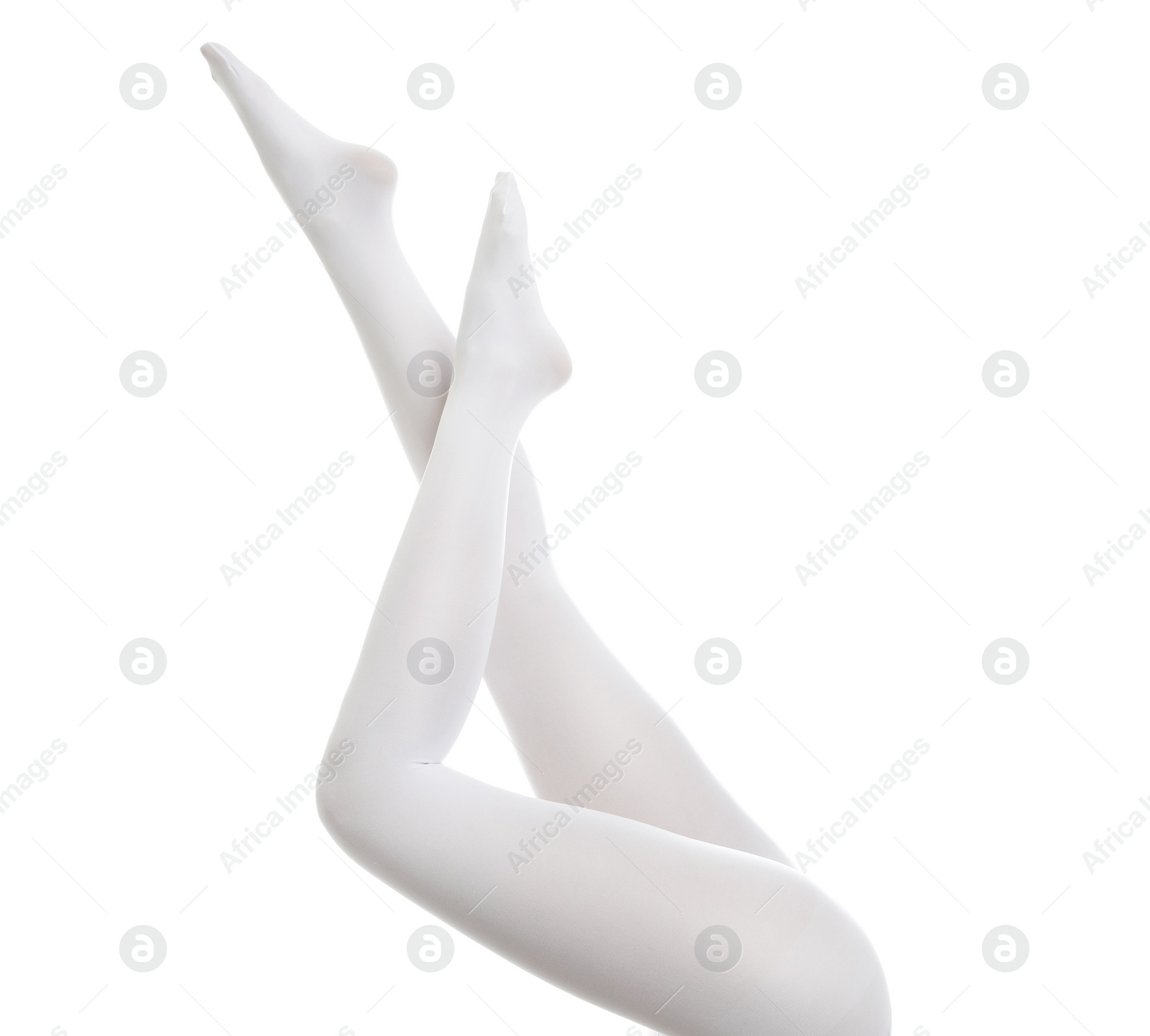 Photo of Woman wearing stylish tights on white background, closeup of legs