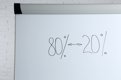 Photo of Flip chart board with 80/20 rule representation, closeup, closeup. Pareto principle concept