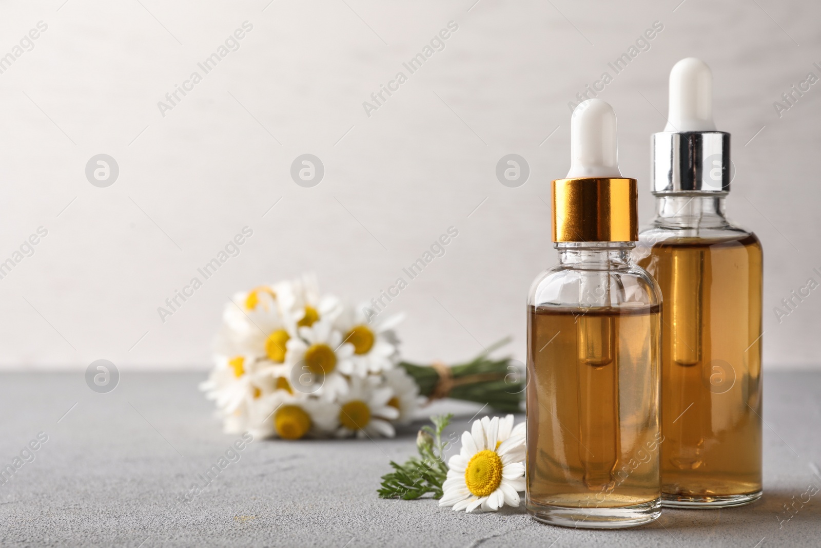 Photo of Composition with bottles of chamomile essential oil on table. Space for text