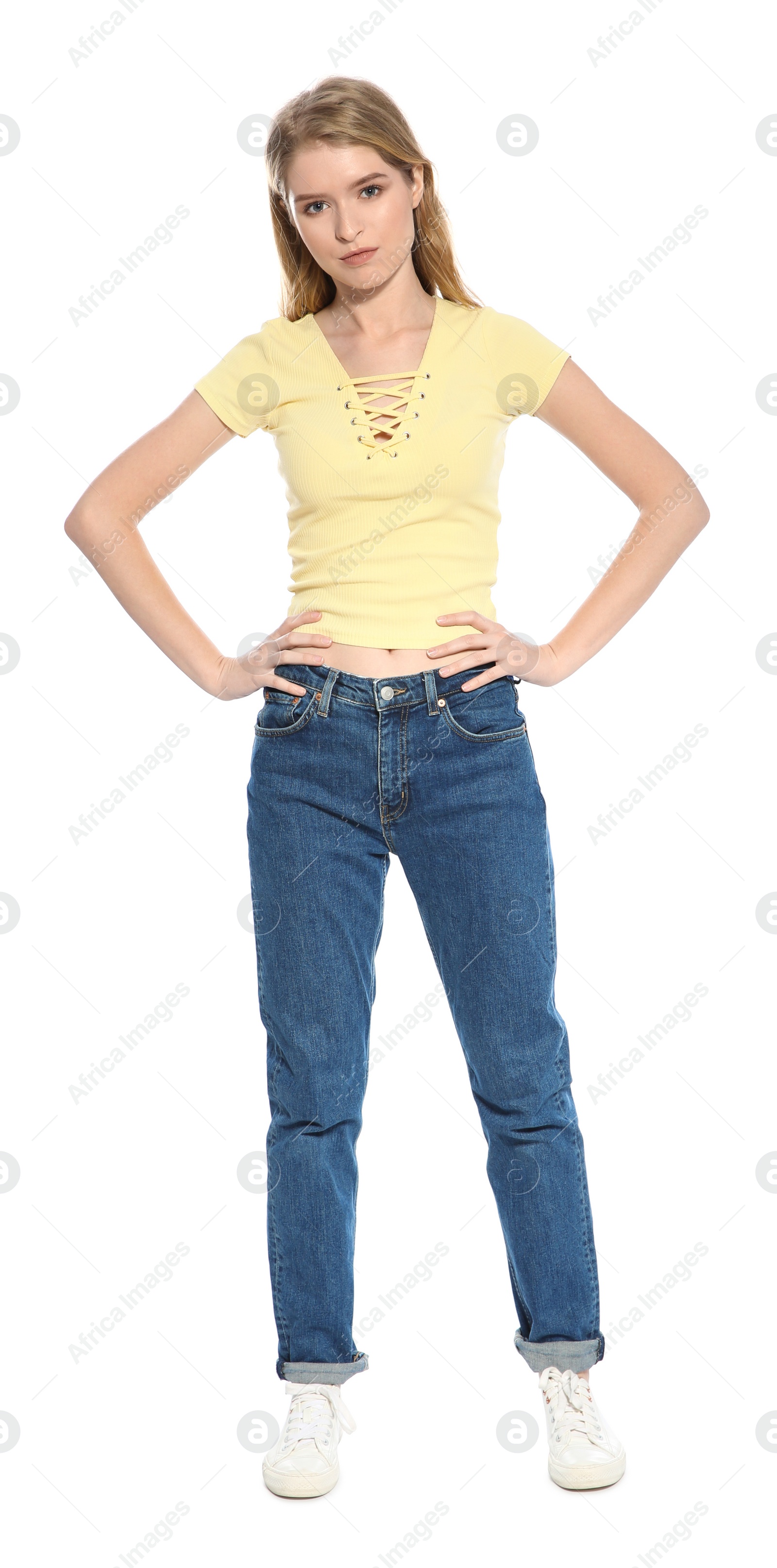 Photo of Portrait of beautiful young woman on white background