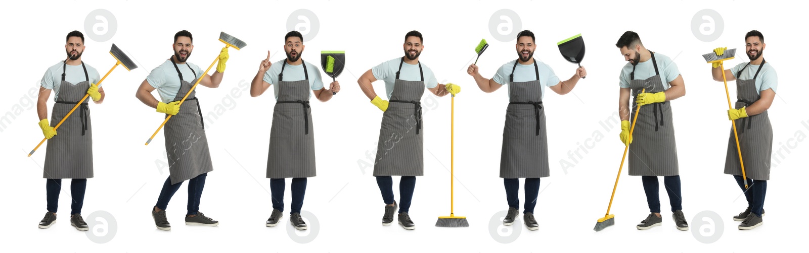 Image of Collage with photos of handsome man with broom on white background. Banner design