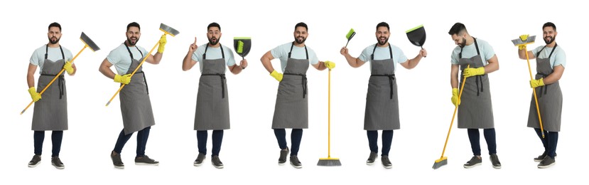 Collage with photos of handsome man with broom on white background. Banner design