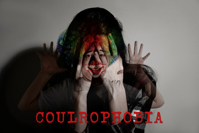 Image of Coulrophobia concept. Double exposure of scared woman and clown