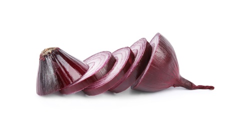 Photo of Fresh cut red onion on white background