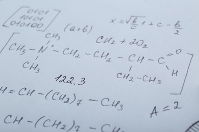 Photo of Sheet of paper with different mathematical formulas, closeup