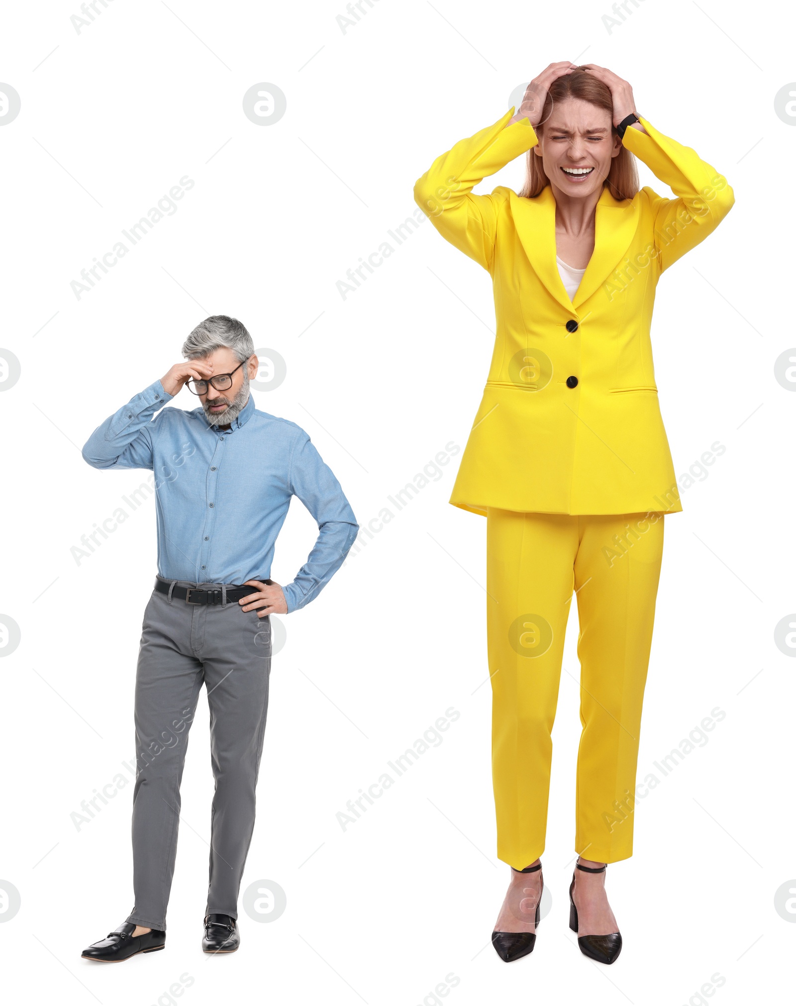 Image of Emotional giant woman and sad small man on white background