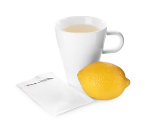 Photo of Cup of hot tea, lemon and cold remedy on white background