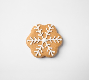 Tasty homemade Christmas cookie on white background, top view