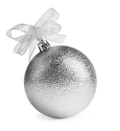 Photo of Beautiful silver Christmas ball with bow isolated on white