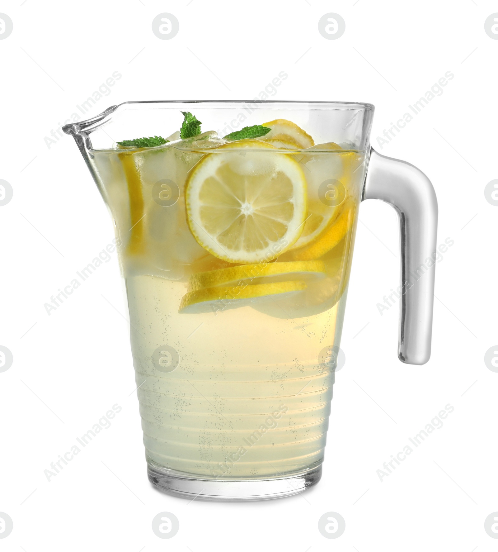 Photo of Glass jug with natural lemonade on white background