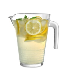 Photo of Glass jug with natural lemonade on white background
