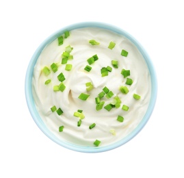 Photo of Bowl with sour cream and herbs on white background, top view