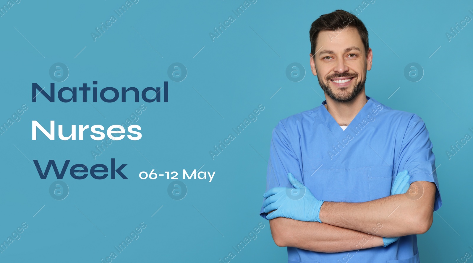 Image of National Nurses Week, May 06-12. Nurse in medical uniform on light blue background, banner design