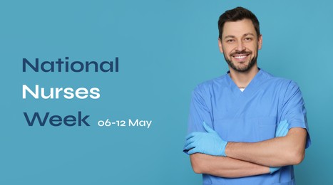 Image of National Nurses Week, May 06-12. Nurse in medical uniform on light blue background, banner design