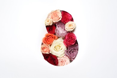 Photo of 8 March greeting card design with roses , top view. Happy International Women's Day