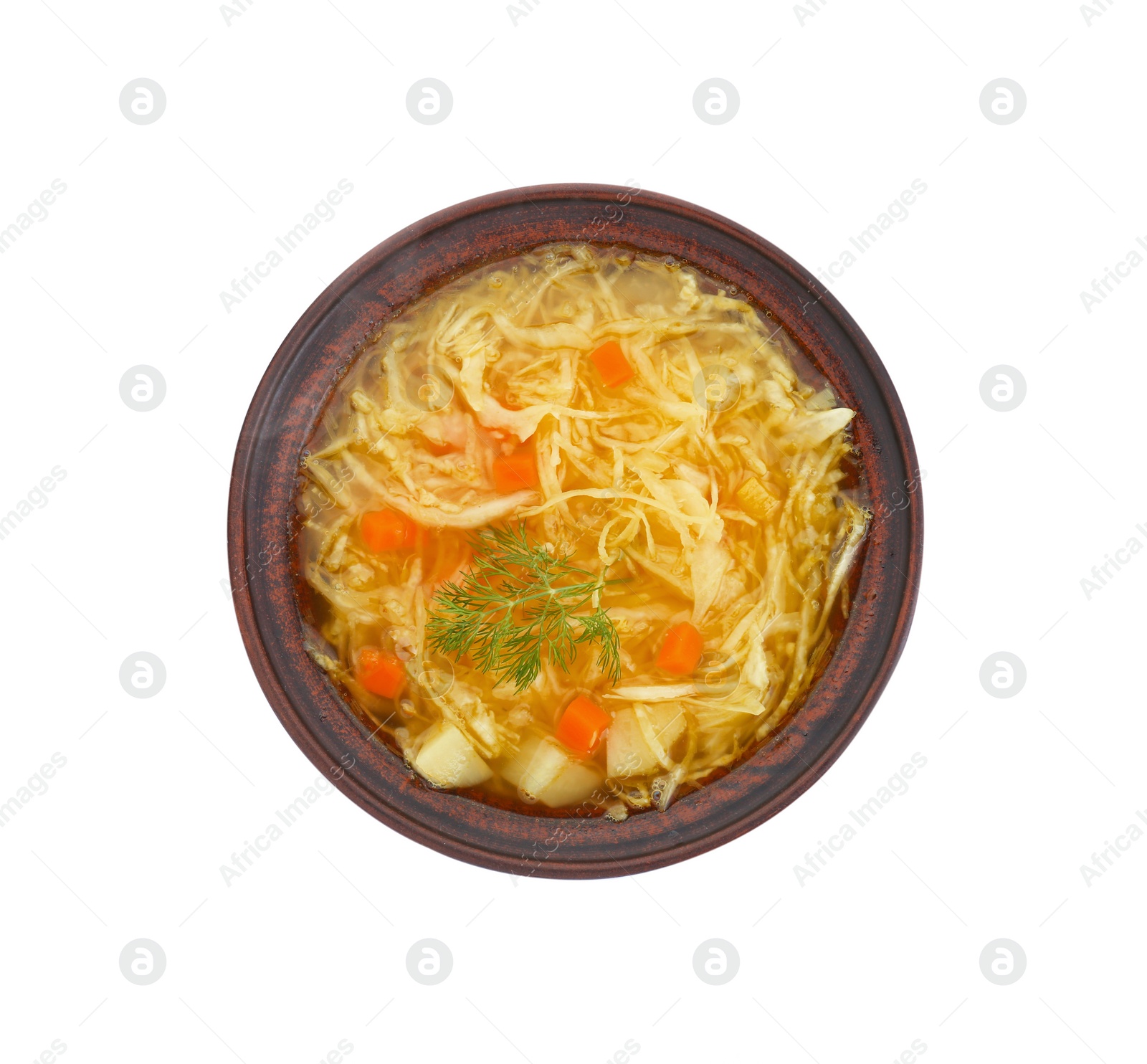 Photo of Bowl of delicious sauerkraut soup with carrot and dill isolated on white, top view